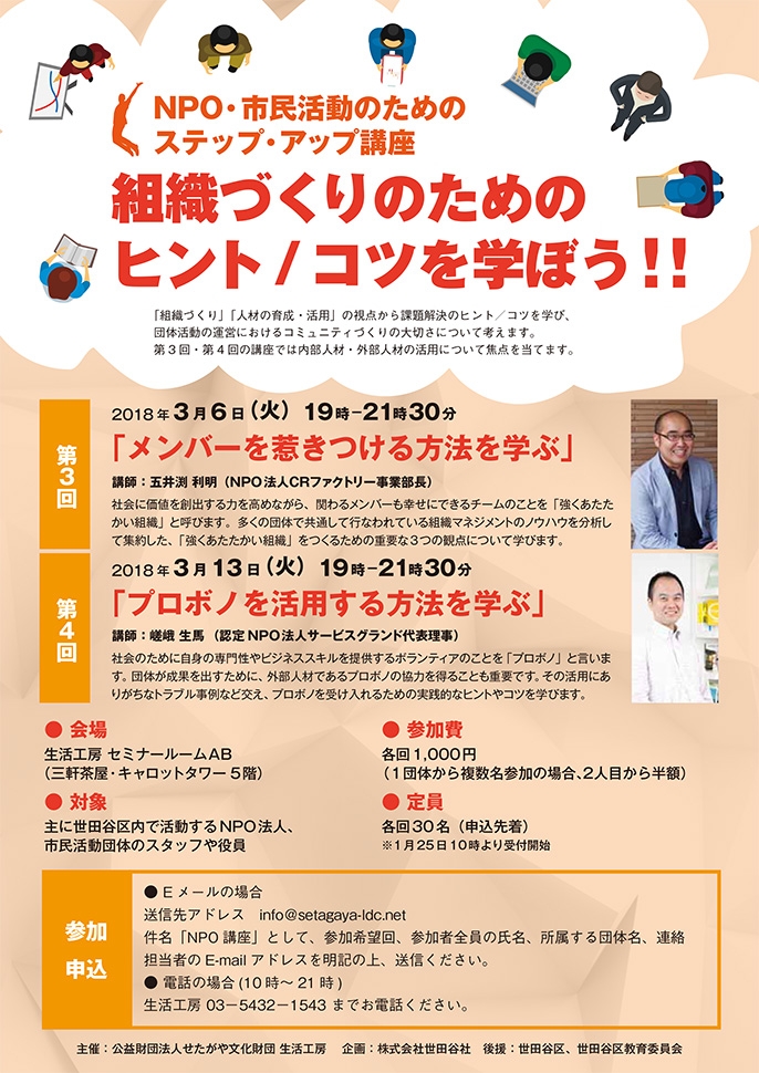 NPO・市民活動のためのステップ・アップ講座
組織づくりのためのヒント／コツを学ぼう!!